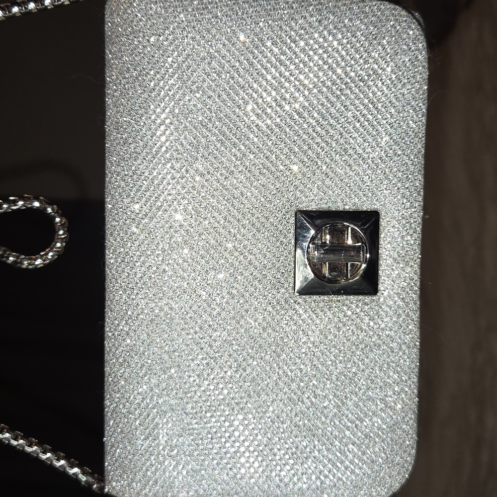 Silver GLITTER SPARKLE Clutch Purse With Detachable Silver Chain Strap
